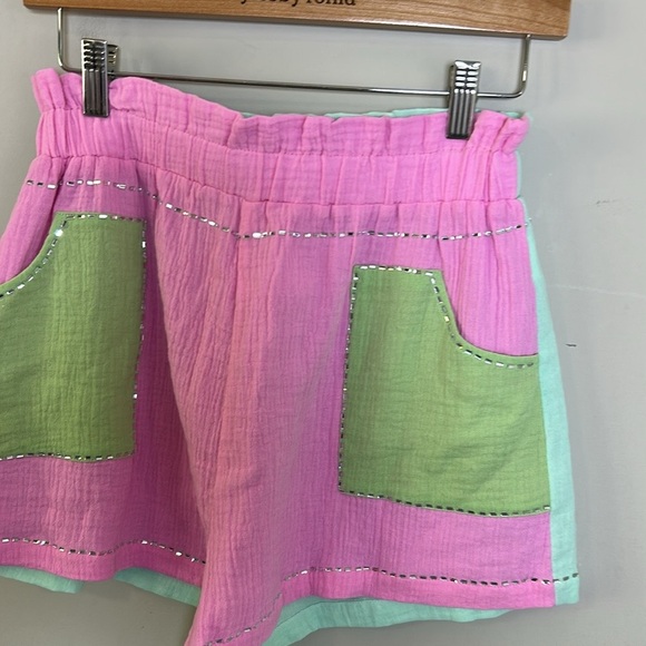 QUEEN OF SPARKLE Rhinestone Gauze Short Pink Green Pockets Pull On Sz S - Picture 5 of 11